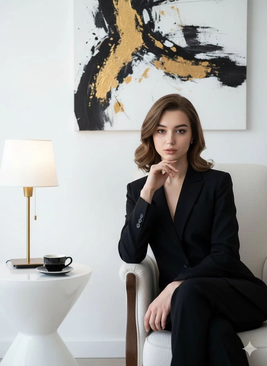 Confident and elegant lady in black suit