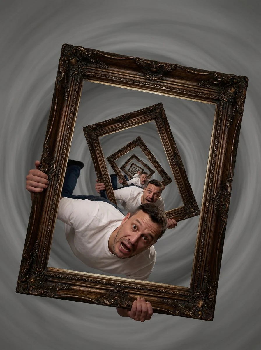 A man nested in photo frames